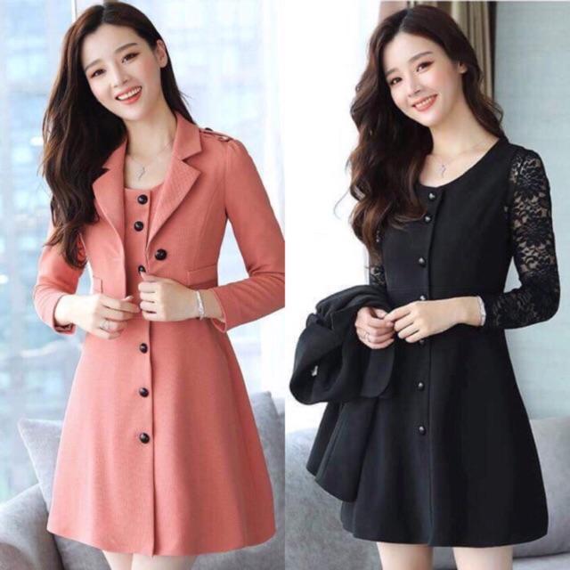 HOT Set áo vest đầm liền đính cúc tay phối ren DVNL21