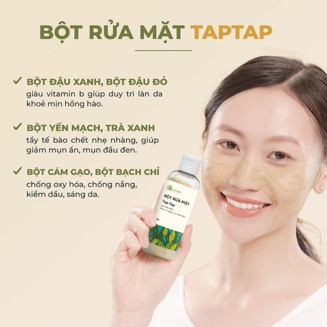 Bột rửa mặt Thảo mộc TAP TAP Từ Bột Đậu Đỏ Trà Xanh Yến Mạch Cám Gạo Giảm Mụn Ẩn Mụn Cám Mụn Đầu Đen An Toàn Từ Thiên Nhiên Cỏ Mềm 50g