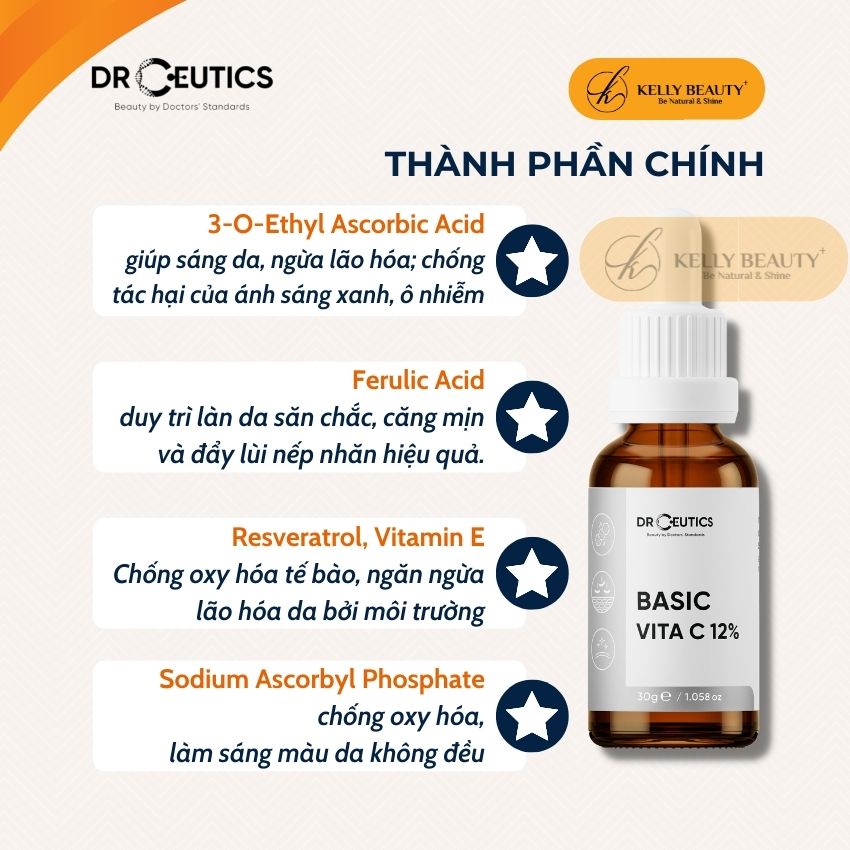 Serum Basic Vitamin C 12% DrCeutics - Giúp Da Sáng Đều Màu, Mờ Thâm Sạm; Tươi Trẻ và Căng Mịn Làn Da | Kelly Beauty