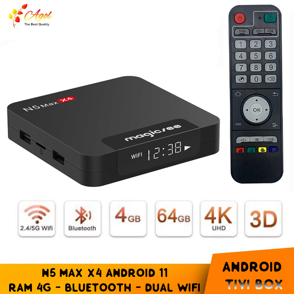 Android tivi box magicsee N5 max x4 Rom 64G Ram 4G bluetooth, Android 11, S905X4, wifi 2 băng tần, cài sẵn phim HD, truyền hình cáp miễn phí vĩnh viễn - Hàng nhập khẩu