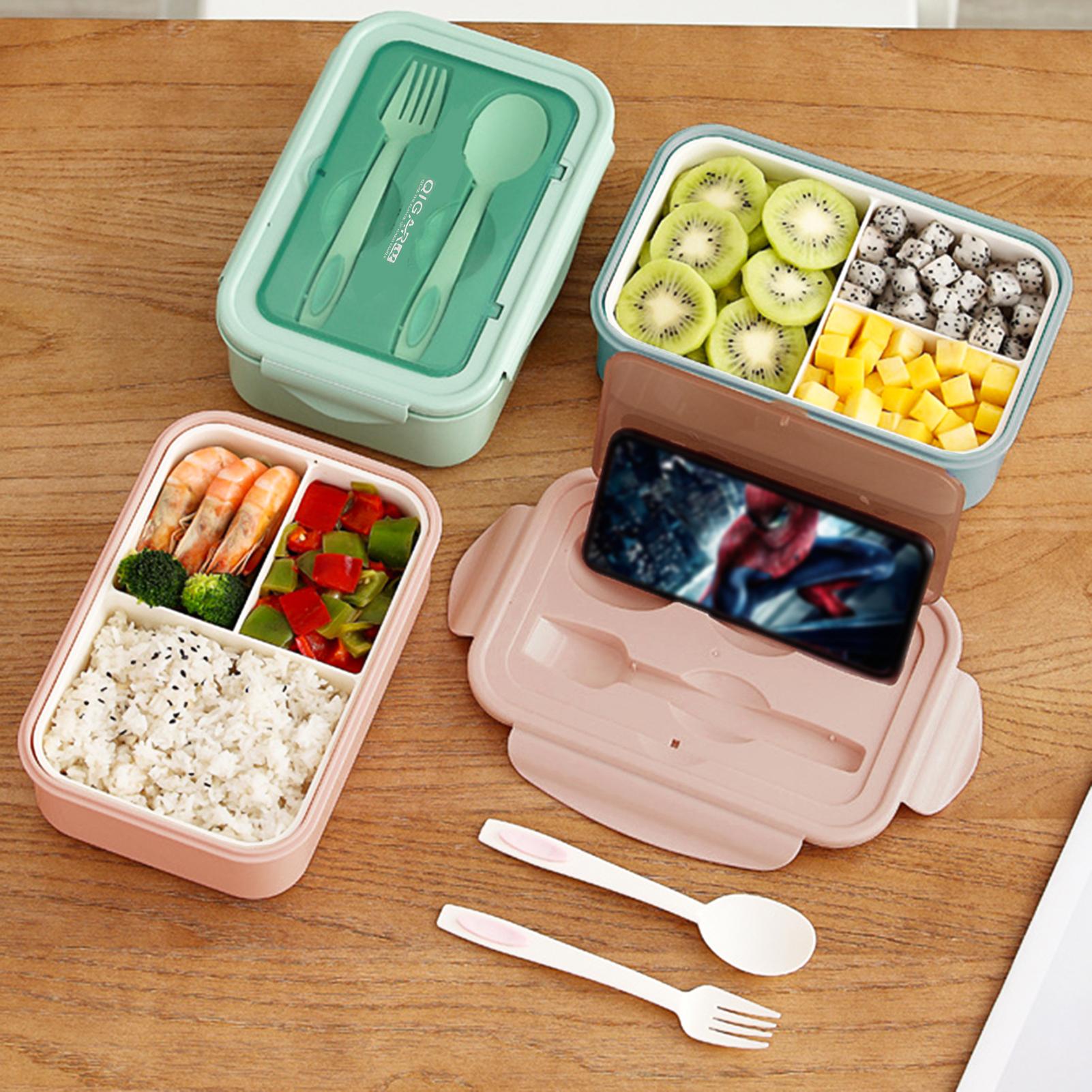 1400ml Plastic Lunch Box With Fork and Spoon 3 Compartment Single-layer Leakproof Reusable Crisper Sealed Bento Box