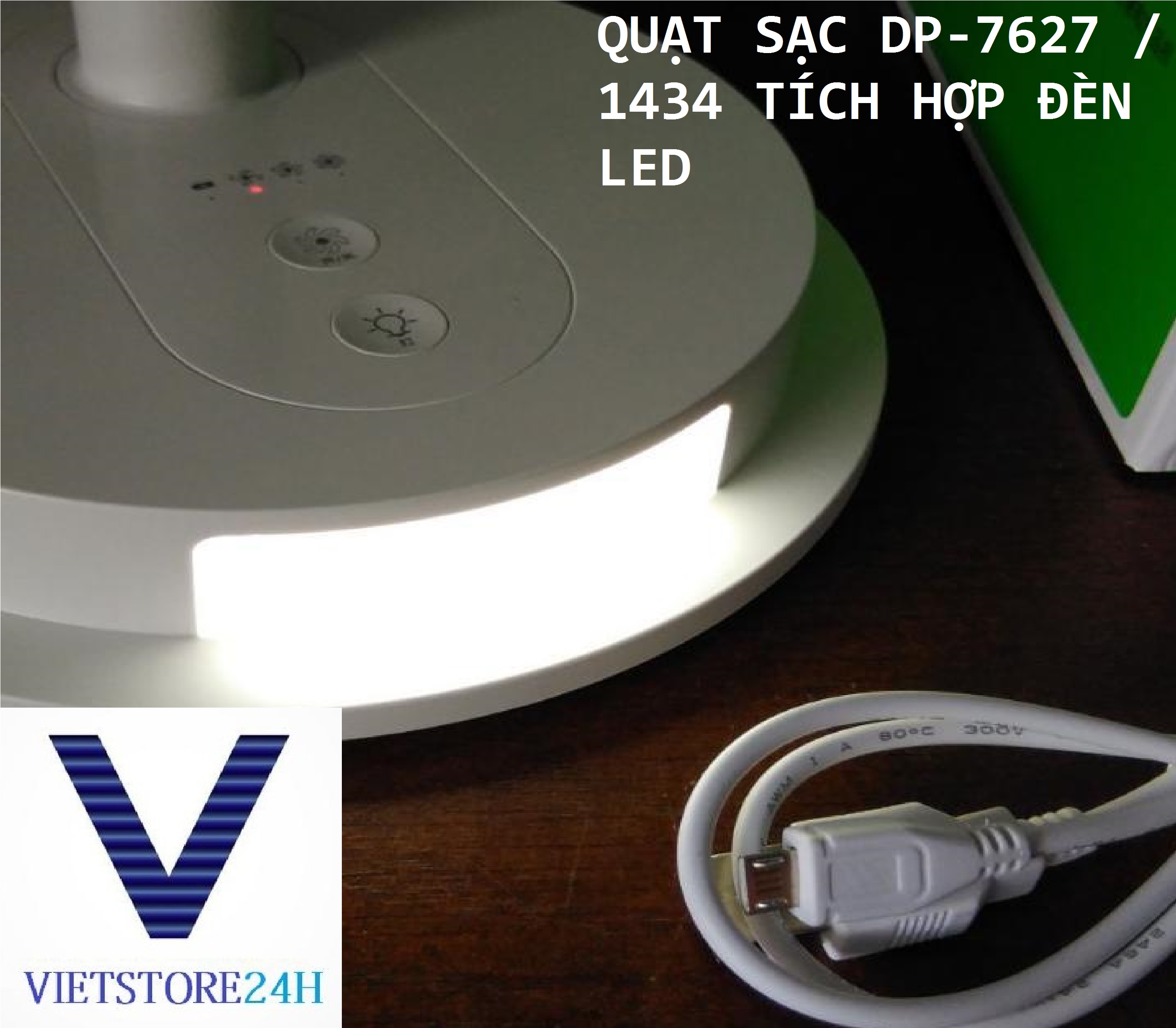 Quạt Sạc DP-7627 / 1434 Tích Hợp Đèn Led VT - Hàng chính hãng