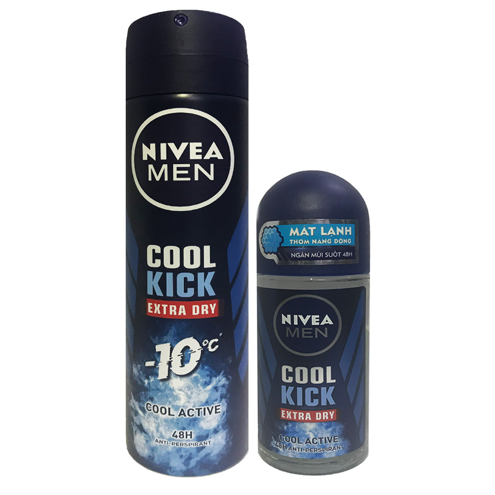 Bộ đôi Lăn khử mùi 50ml và Xịt Khử mùi 150ml Nivea Men Cool Kich Extra Dry- Cool Active 48h-Mẫu Mới