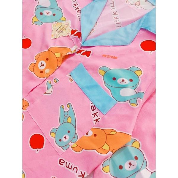 Đồ Bộ Pijama Gấu Hồng Xanh Lụa Thái Mịn Hoạ Tiết Tay Dài Quần Dài Siêu Xinh