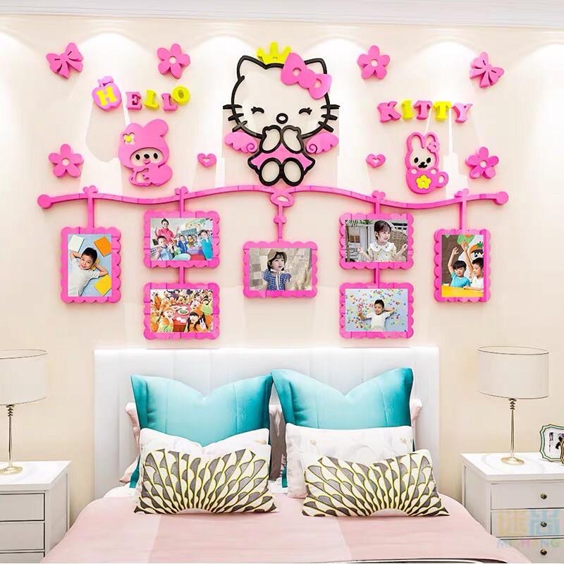 Tranh dán tường mica 3D kitty khung ảnh dễ thương, decal dán tường kitty trang trí phòng bé gái