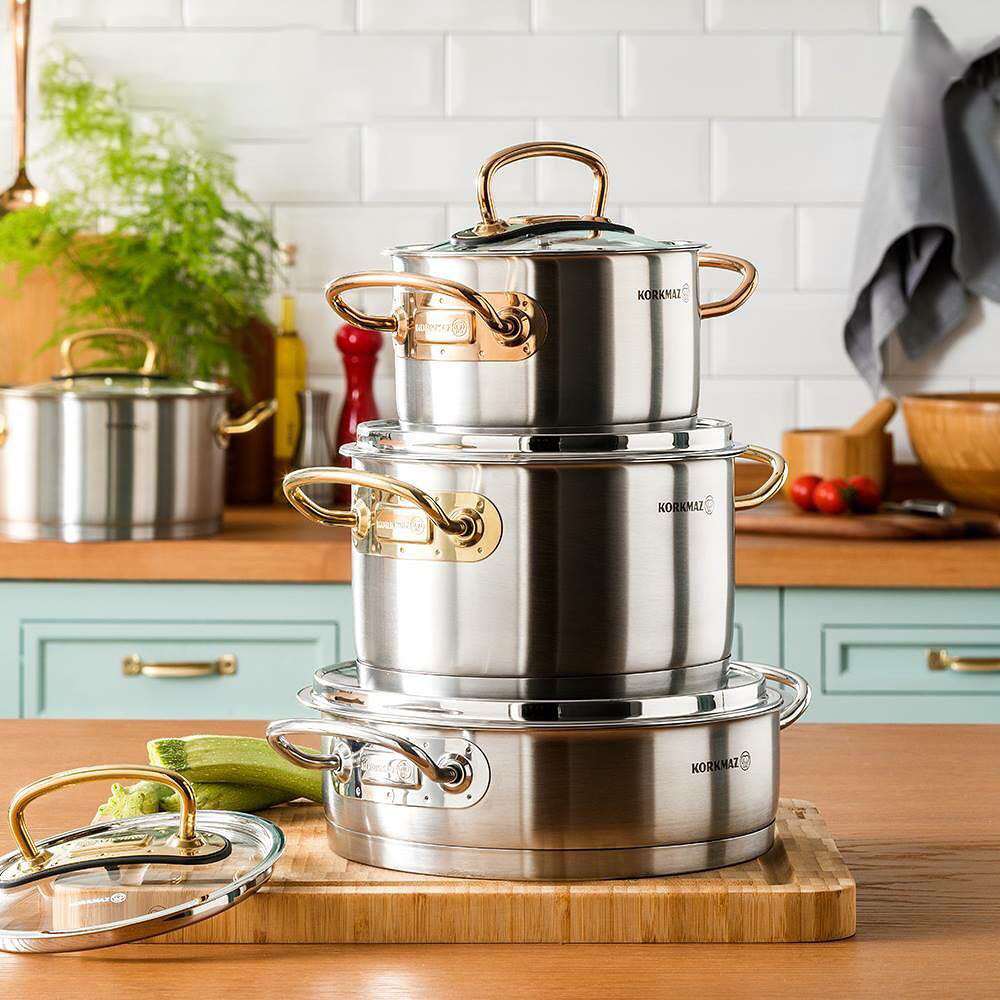 Bộ 4 nồi inox 18/10 Korkmaz Proline tay nắm màu hồng