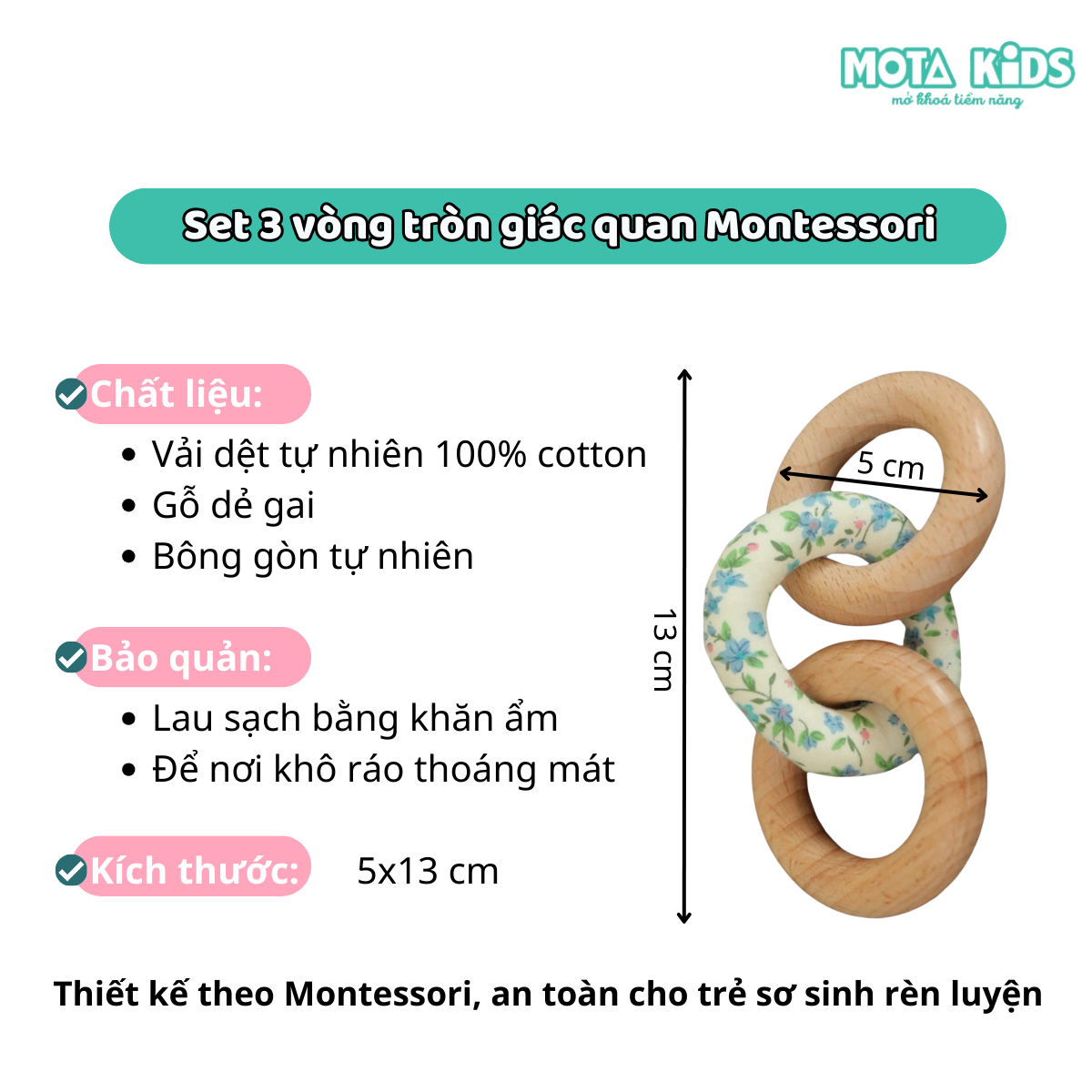 Đồ chơi trọn bộ 3 vòng tròn giác quan lồng nhau cho bé 3-6 tháng Montessori Mota - Phối hợp hai tay - Hàng chính hãng