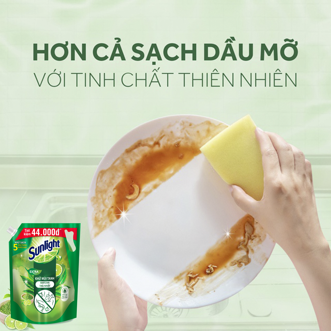 Nước rửa chén Sunlight Bio-care Thiên Nhiên 100% Gốc thực vật - Hương Matcha Trà Nhật Túi 3.4kg