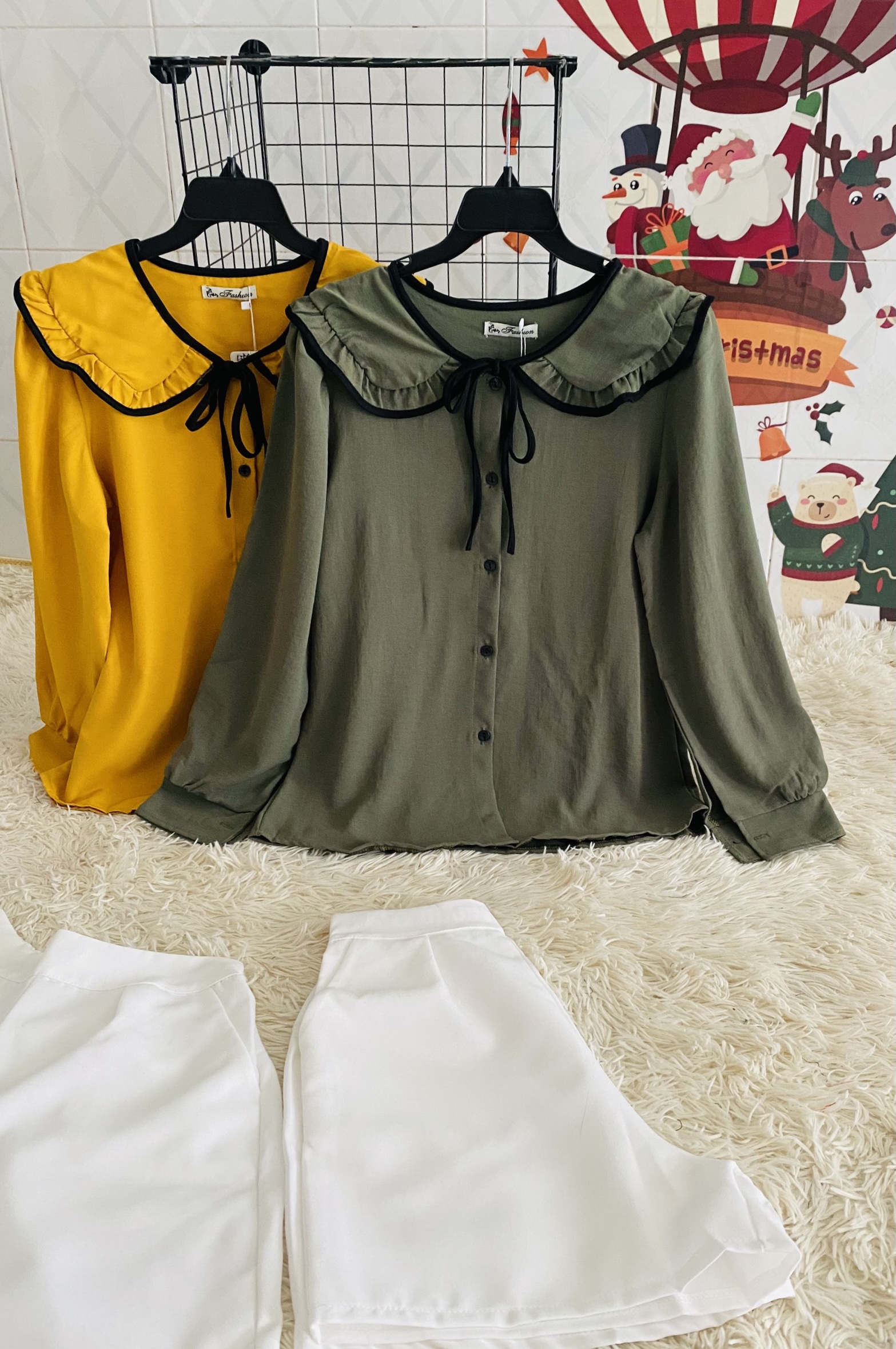 Set Đồ Nữ Áo Sơ Mi Cổ Bèo Tay Bồng Phối Quần Đùi Xinh Xắn