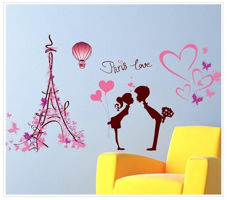 DECAL DÁN TƯỜNG TÚ CẦU TÍM VÀ CẶP ĐÔI PARIS LOVE - HP893