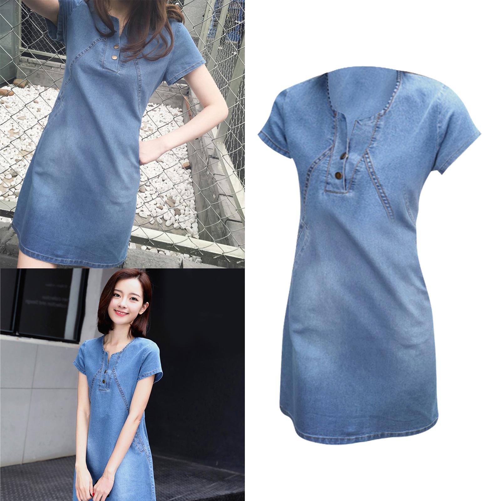 Womens  Denim Dress Spring Summer V Neck Slim Fit Skirt