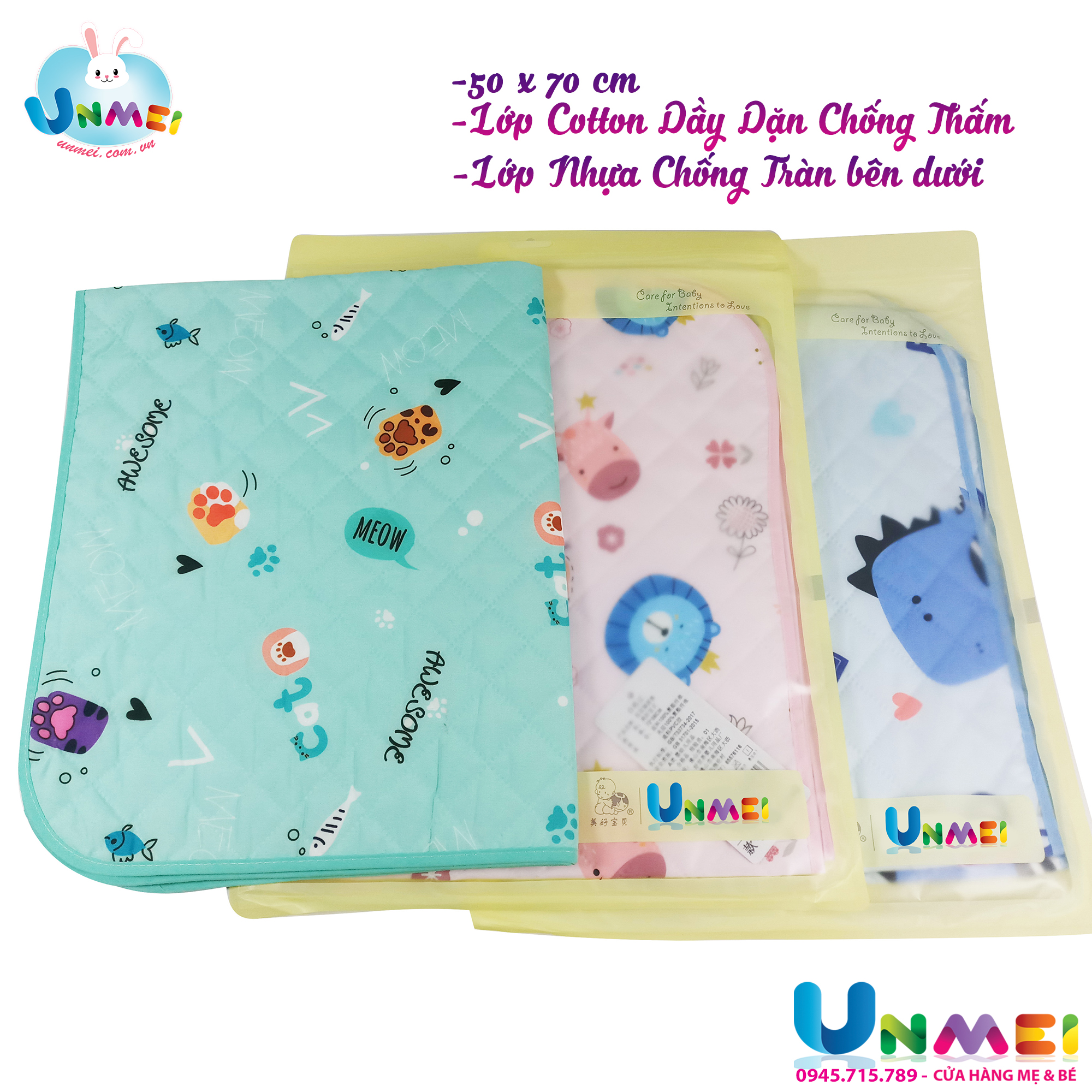 Tấm lót chống thấm trải giường 2 lớp Baby Unmei - 58x72cm (1 Cái/Bịch) Tấm Lót chống Thấm cho Bé