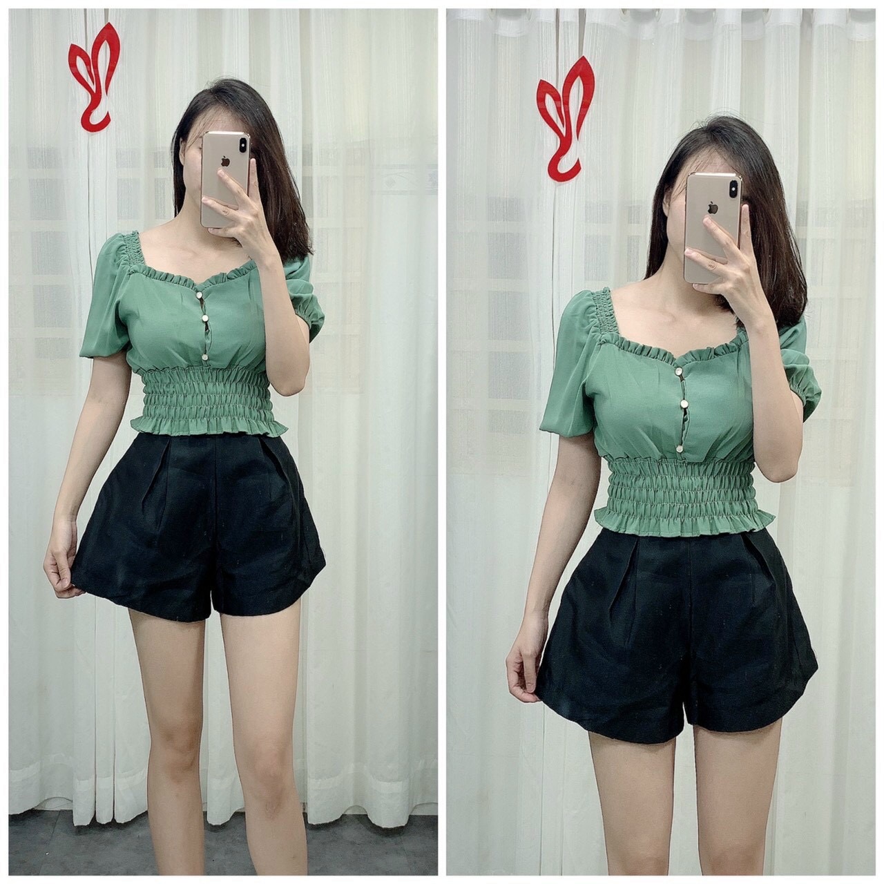 Áo croptop bo éo đính cúc ngọc - áo trễ vai tay phồng