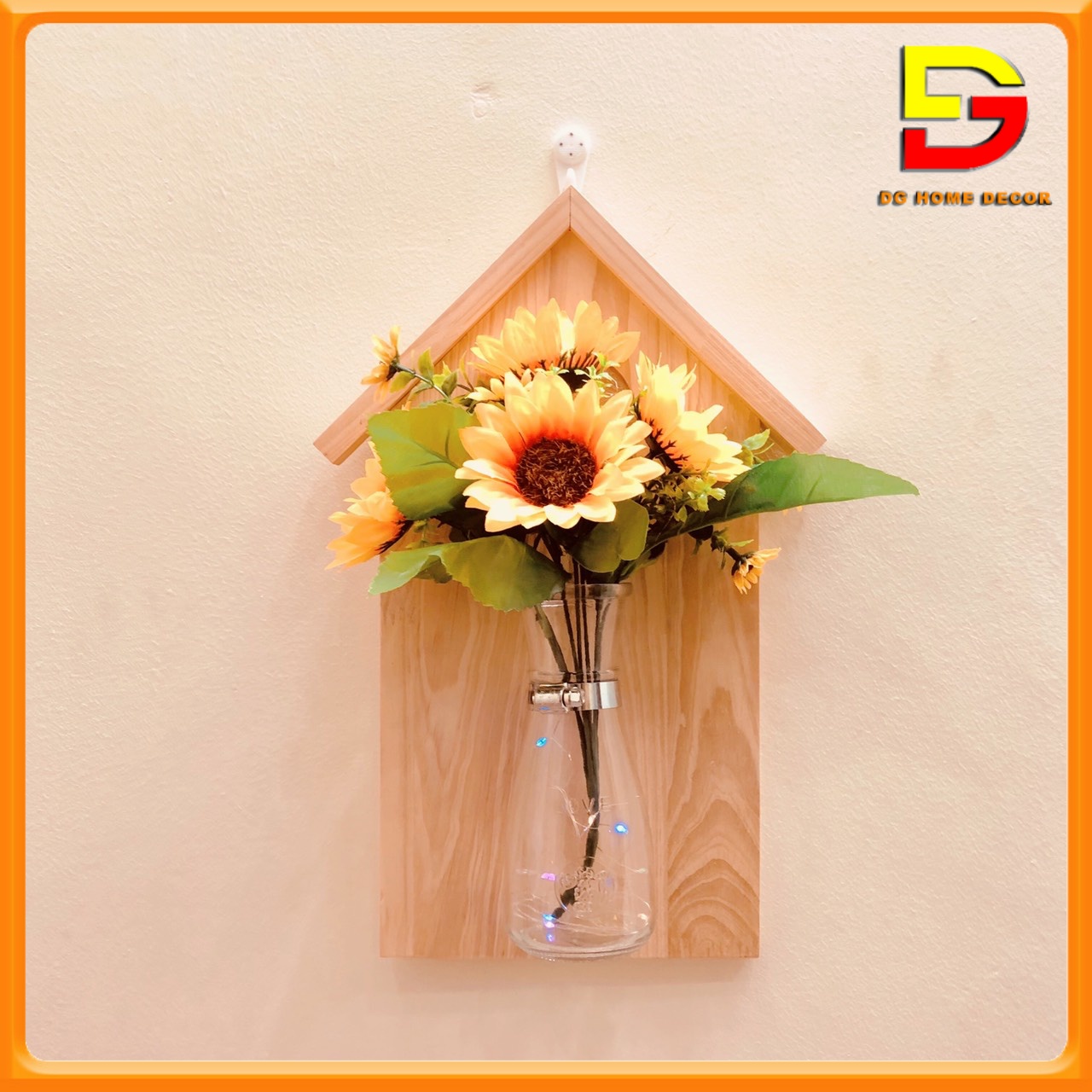Bảng Gỗ Treo Tường - Khung Gỗ Trang Trí Cắm Hoa, Trồng Cây Thuỷ Sinh Độc Đáo Tặng Đèn Và Móc Treo DGHOME-55
