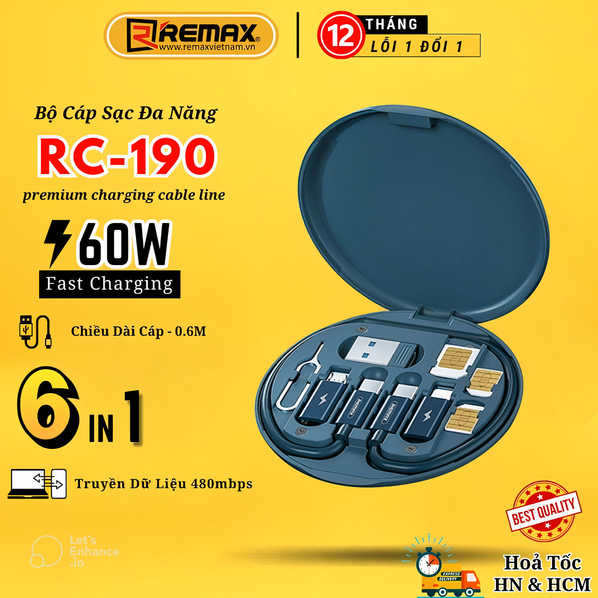 Cáp sạc đa năng 6 in 1 Sạc nhanh 60W Remax RC-190 có tặng kèm hộp lưu trữ tiện dụng kiêm giá đỡ điện thoại - Hàng Chính Hãng Remax