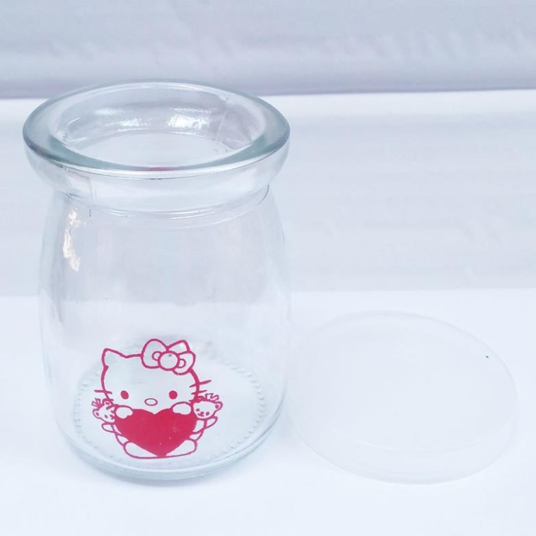 Bộ 12 hũ thủy tinh làm sữa chua 100ml , có nắp đậy, in hình Hello Kitty