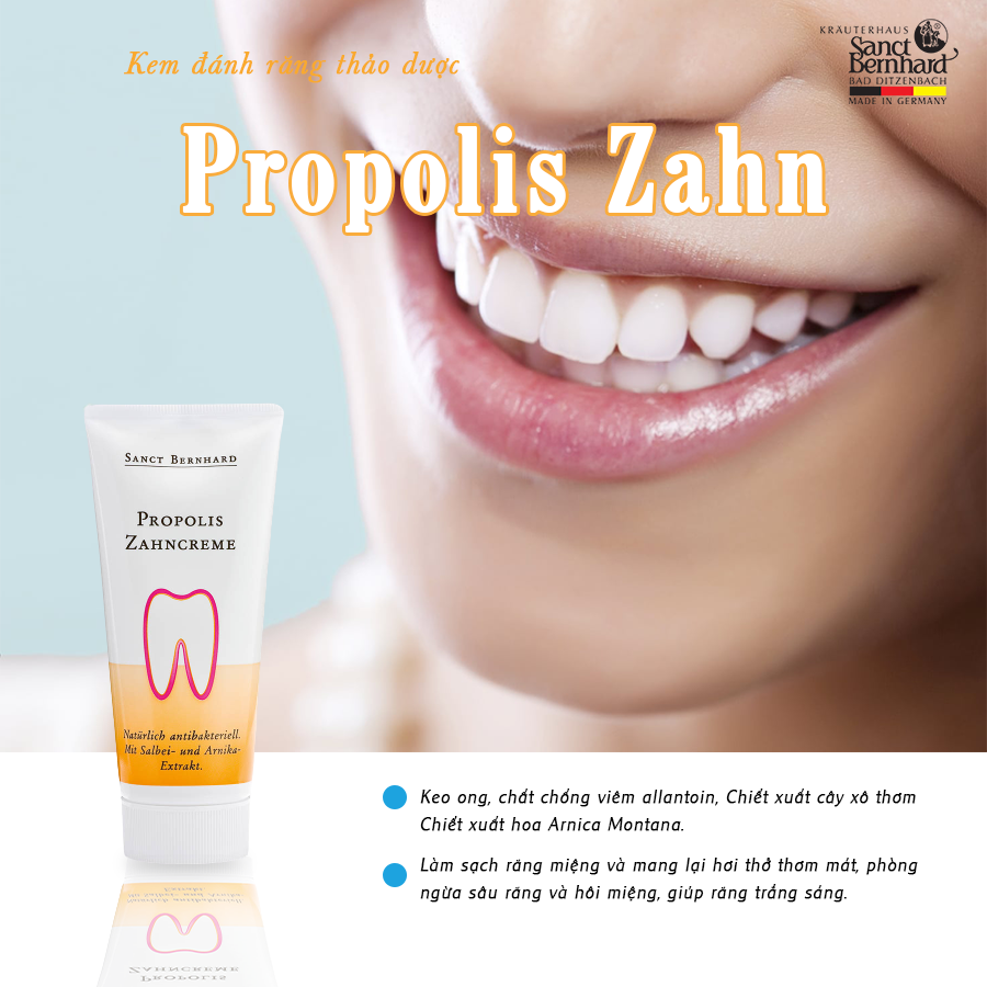 Kem đánh răng Propolis Zahncreme giúp chống viêm, kháng khuẩn, làm sạch răng miệng và mang lại hơi thở thơm mát, phòng ngừa sâu răng