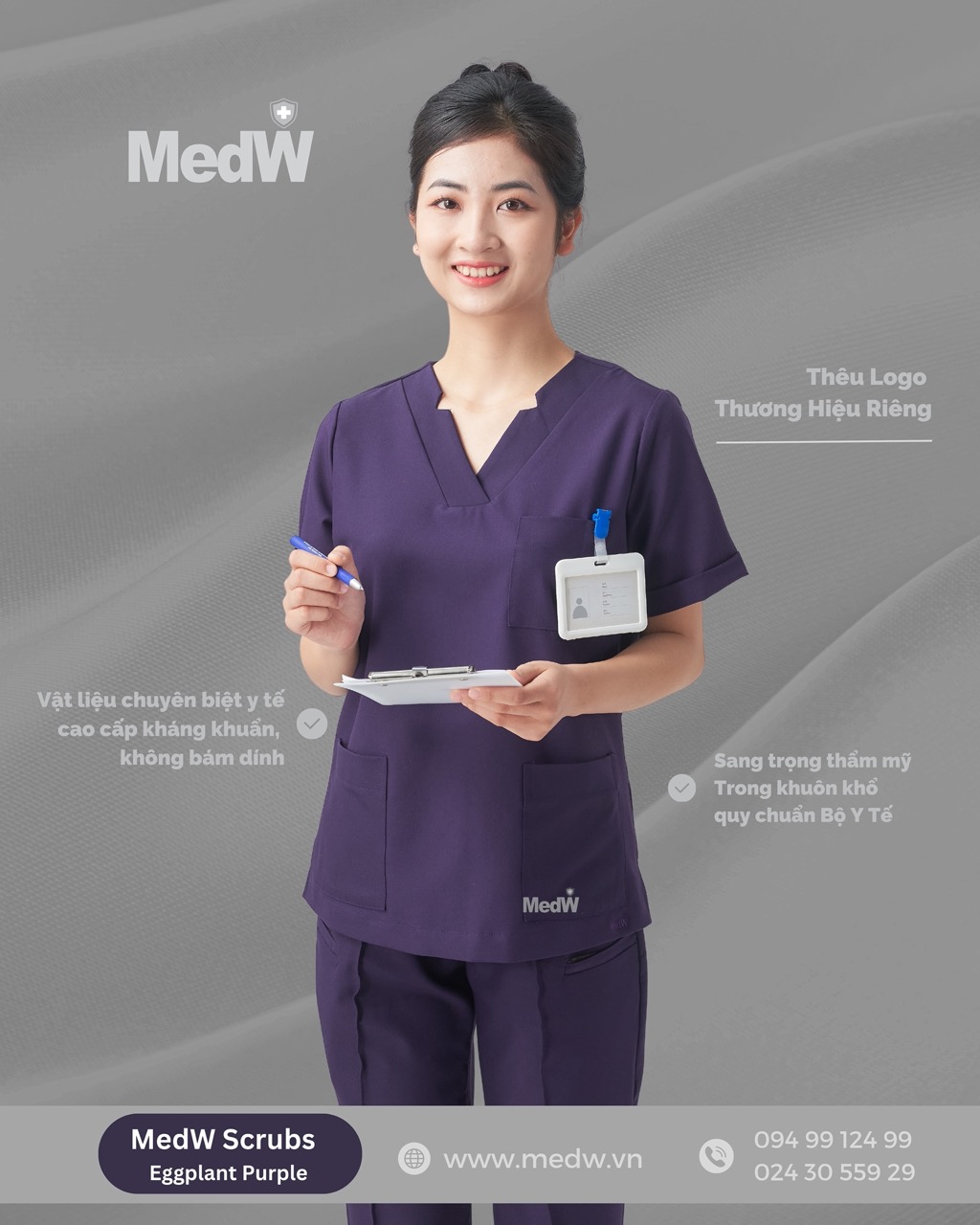 MedW Scrubs Y Tế Eggplant (Nữ)  Diana Tím Cà Sậm Bộ Trang Phục Bác Sĩ Điều Dưỡng Kỹ Thuật Spa Thẩm Mỹ Thiết Kế Pháp Trang Trọng, Vật Liệu Cotton Nhập Khẩu Chuyên Biệt Y Tế Xếp Ly Không Bám Dính Không Nhăn. Thêu Logo Thương Hiệu Riêng