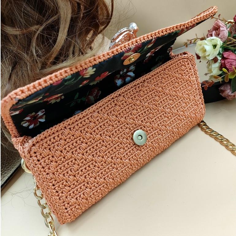 Set nón và túi xách handmade thời trang siêu xinh-Nón vành rộng họa tiết rẽ quạt và túi nhỏ dây đeo màu cam