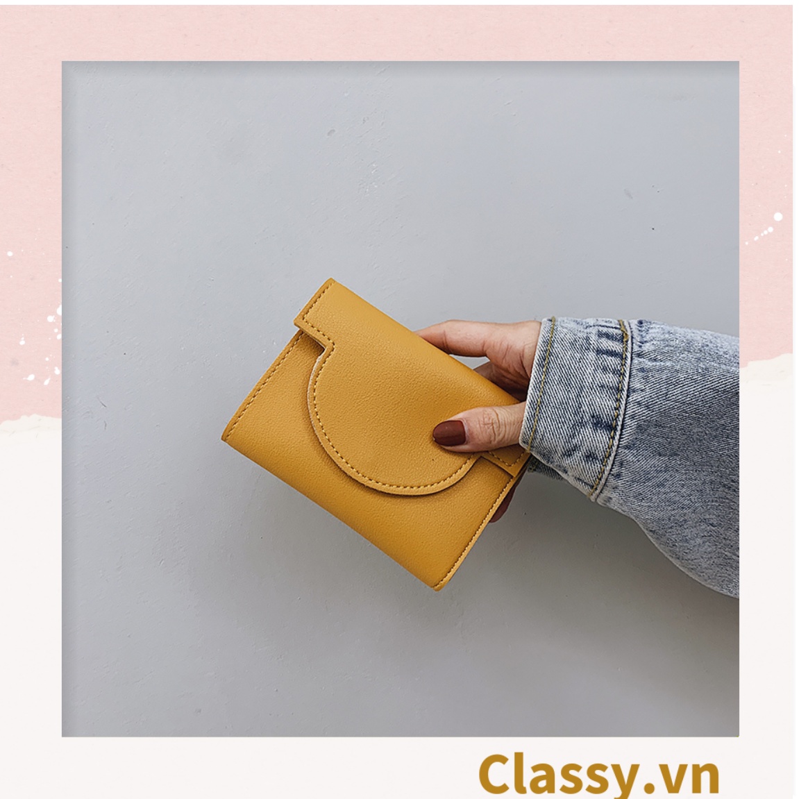 Ví nữ ngắn dạng gập màu trơn, nhiều ngăn đựng thẻ, có nút bấm T1308