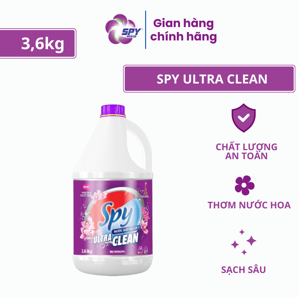 Nước giặt xả SPY Ultra Clean 3,6kg 4,6kg 6kg 2 trong 1 hương hoa Pháp trắng sạch vượt trội, lưu hương lâu ngày