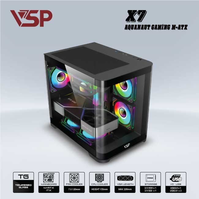 Vỏ máy tính Case VSP AQUANAUT PRO M-ATX Gaming X7 [ĐEN] (M-ATX/ ITX) - Hàng chính hãng VSP phân phối