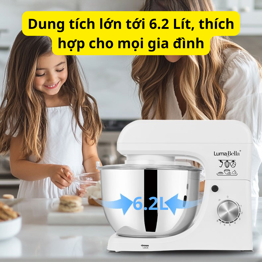 Máy trộn bột, nhào bôt làm bánh để bàn 3IN1 Lumabella LB-55001 công suất lớn 2000W, cối inox dung tích 6.2L, dễ dàng vệ sinh - DELIYA - HÀNG CHÍNH HÃNG