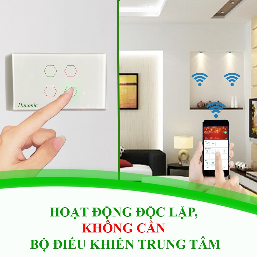 Công tắc thông minh Hunonic 2 nút tích hợp ổ hỗ trợ Google Assistant . Công tắc cảm ứng WIFI kính cường lực- Công tắc điện 2 màu đen trắng | Hàng Việt Nam Chất Lượng Cao- BH 12 tháng