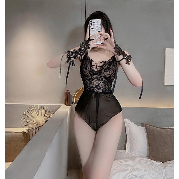 Đồ ngủ nữ ren phối hoa xuyến thấu sexy bodysuit liền thân xẻ đáy gợi cảm / không kèm găng tay hoa BIKI HOUSE N104 - HCM