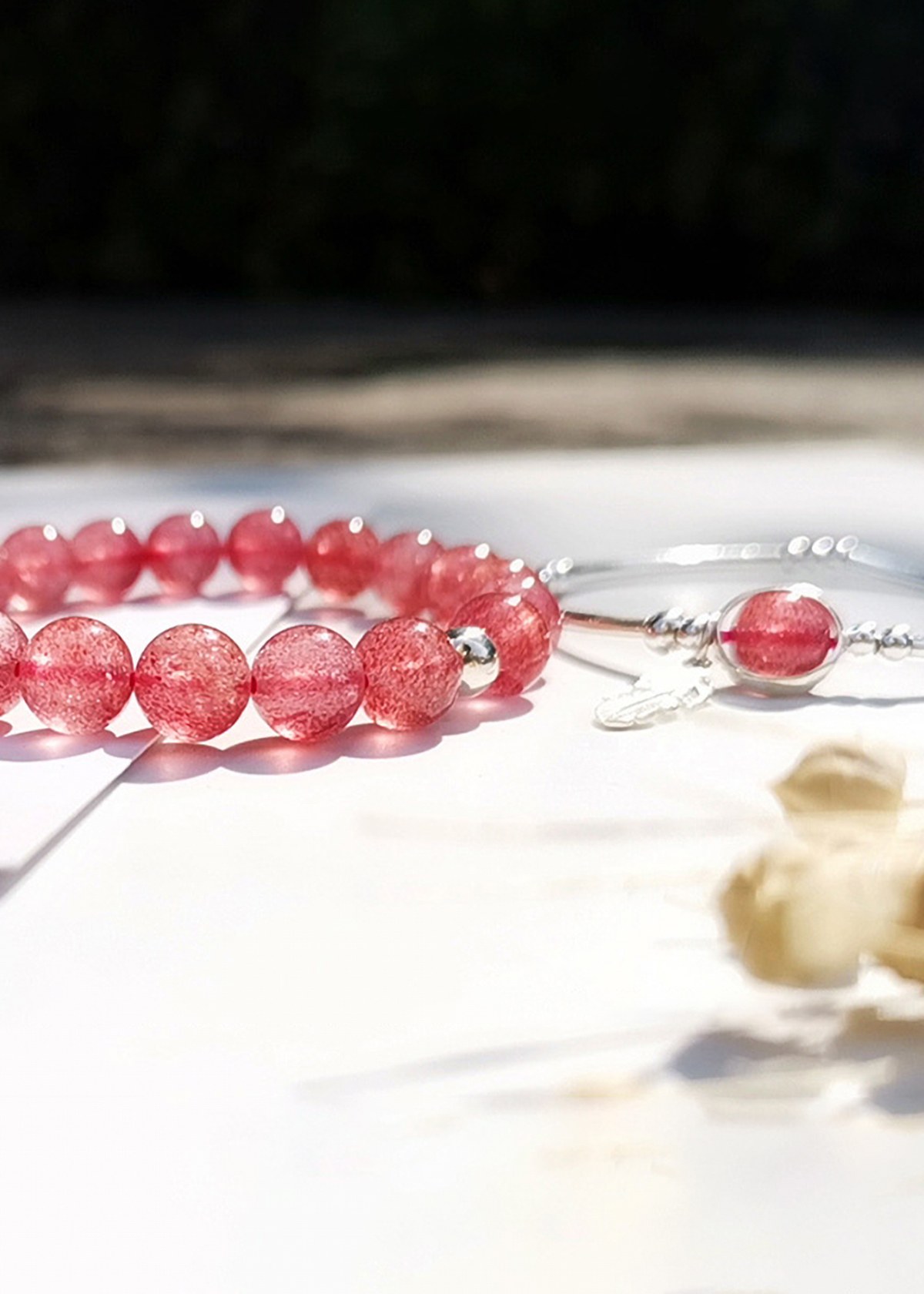 Vòng đôi đá thạch anh dâu phối charm lá bạc mệnh hỏa, thổ - Ngọc Quý Gemstones