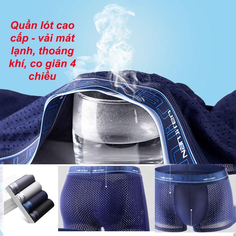 Hộp 4 Quần Sịp Đùi Nam Cao Cấp, Quần Lót Nam Thun Lạnh, Quần Lót Nam Boxer Vải Lụa Lưới Siêu Thoáng Mát, Co Giãn 4 Chiều, Không Bai Xù, Không Phai Màu, Kiểu Dáng Nam Tính, Mạnh Mẽ