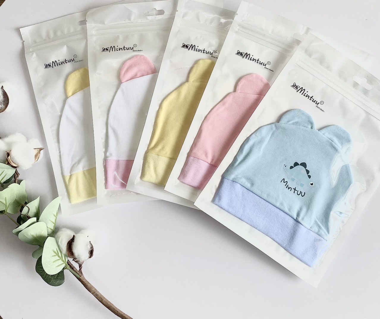 Mũ sơ sinh tai thỏ thương hiệu MINTUU First Choice, chất liệu vải 100% cotton 4 chiều