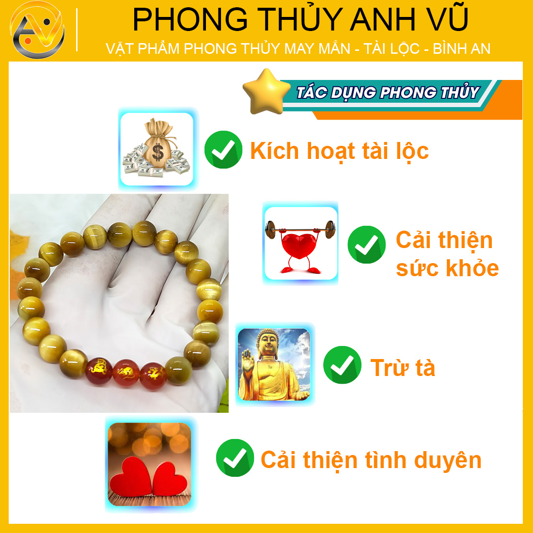 Vòng phong thủy mệnh thổ tam hợp thân tý thìn đã khai quang - chất liệu đá mắt hổ vàng tự nhiên - size 8 10 12ly - may mắn tài lộc - Vòng Tam Hợp Anh Vũ