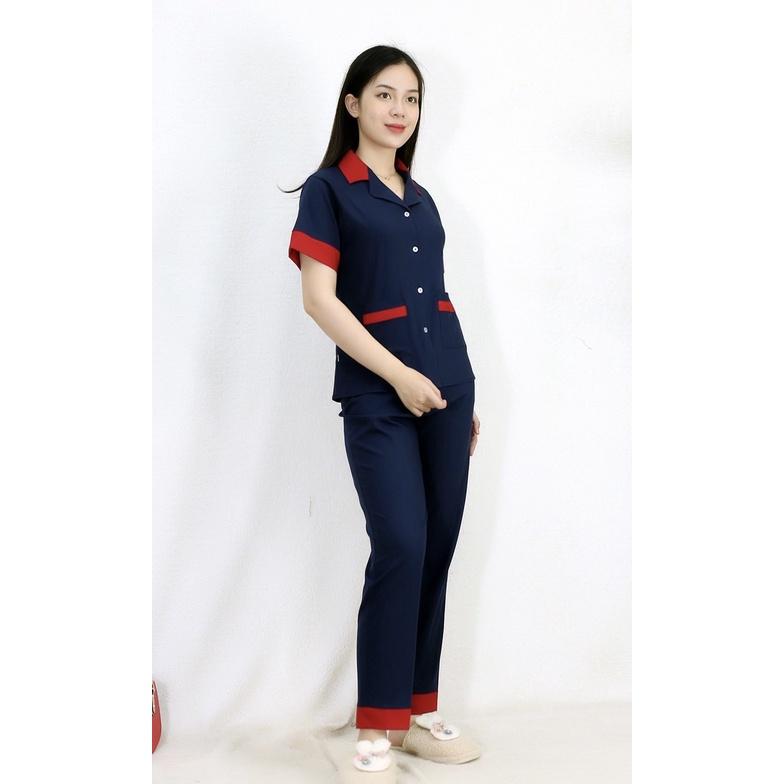Bộ đồ bộ Pijama XANH ĐEN PHA CỔ ĐỎ CỰC XINH vải siêu lụa - Thoải Mái Nhẹ Nhàng co giãn nhẹ
