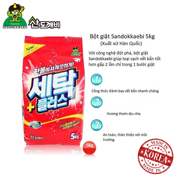 Bột giặt siêu sạch Sandokkaebi túi 5kg nhập khẩu Hàn Quốc