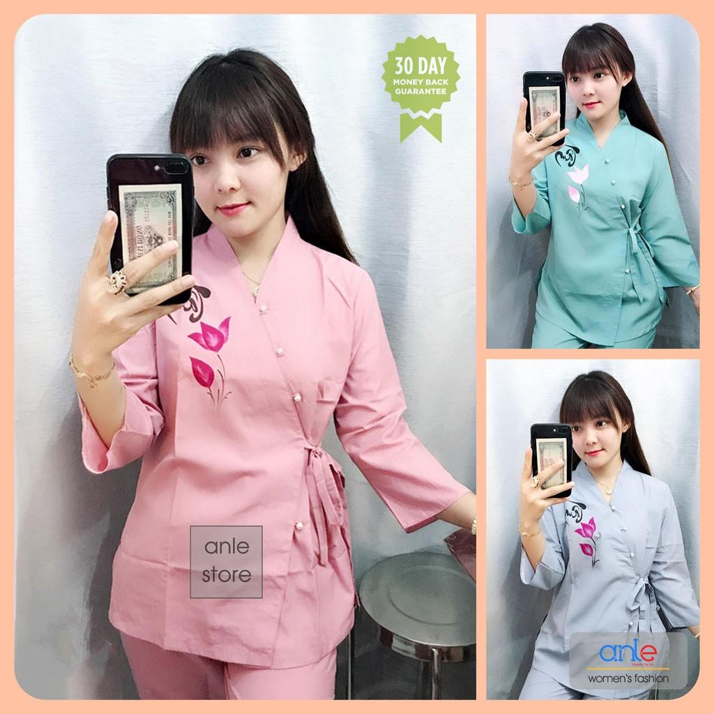 Đồ lam đi chùa Bộ đồ Thư Pháp vải Kate Cotton Mềm mịn Thoáng mát Cúc ngọc Cài Chéo Tay lỡ - Anle Store