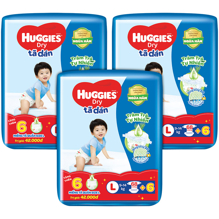 Combo 3 Tã dán HUGGIES DRY SUPER JUMBO Tràm Trà - L68 (9 - 14kg)  + Tặng 6 miếng