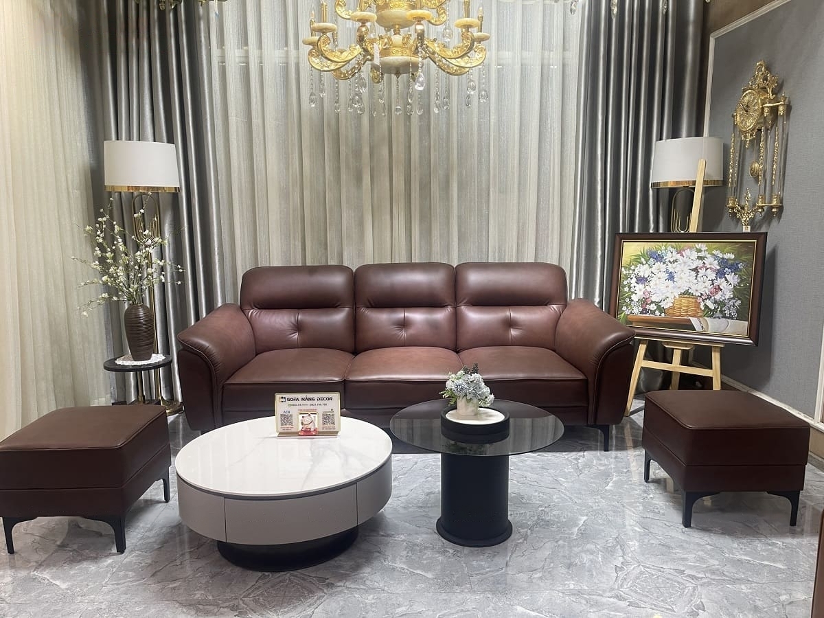 Sofa băng 100% da bò Italy Juno sofa màu nâu SFBCT06 hàng cao cấp chuẩn da bò nhập khẩu Ý