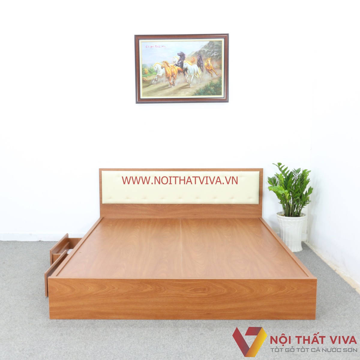 Giường Ngủ Gỗ MDF Melamine Màu Xoan Đào Có Hộc Kéo + Đầu Nệm Kem Đẹp