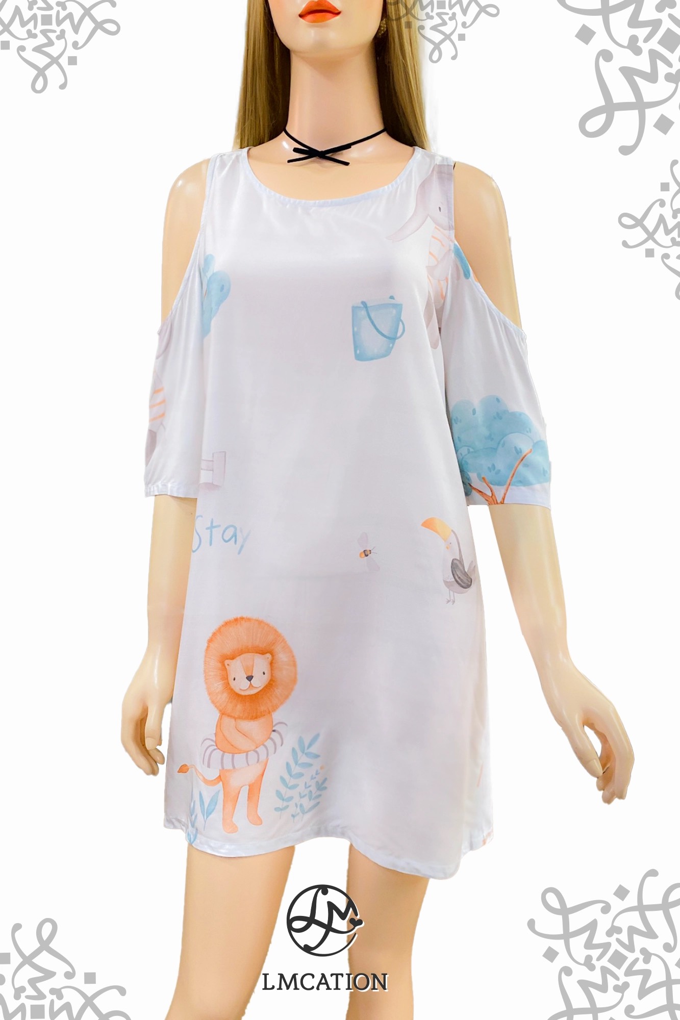 Đầm mặc nhà khoét vai LMcation Tencel - Xanh ngọc hoa văn