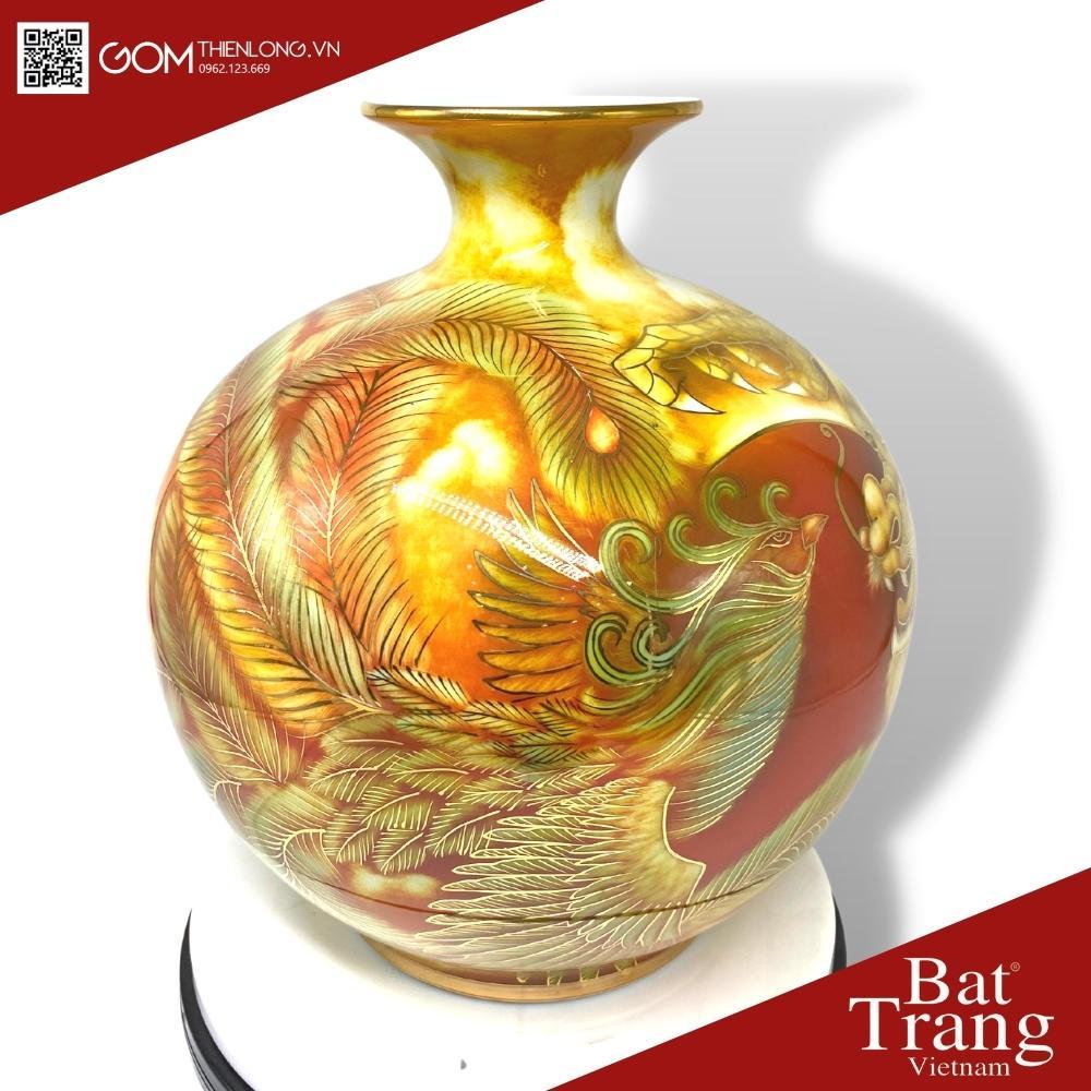 Bình Hút Tài Lộc Vẽ Vàng 3D Long Phụng Vờn Mây - Hàng Kỹ Độc Bản - Bình Hút Lộc Bát Tràng - Gốm Thiên Long