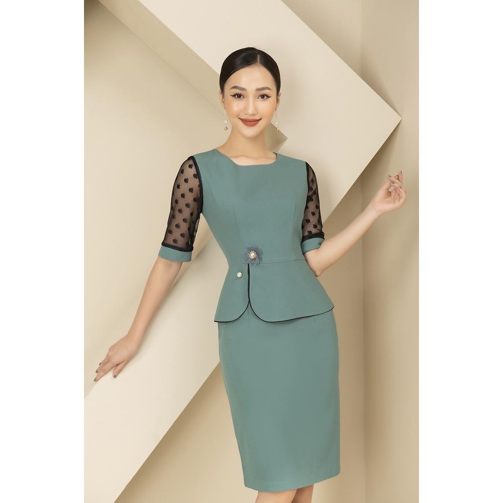 Đầm Nữ Công Sở LUPERI LFV3107 Dáng Ôm Chất Liệu Đũi Hàn Phối Ren Cao Cấp