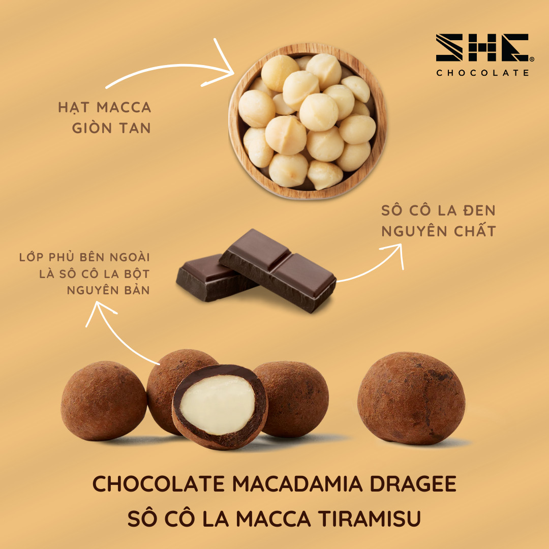 Socola Macca Tiramisu - Túi 50g - SHE Chocolate - Tốt cho sức khỏe - Quà tặng người thân, dịp lễ, thích hợp ăn vặt