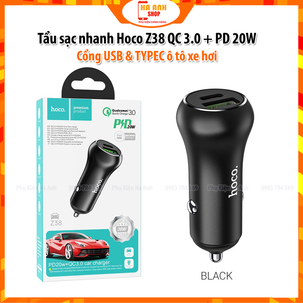 Tẩu sạc nhanh Hoco Z38 QC 3.0 + PD 20W cho ô tô xe hơi cổng USB &amp; TYPE C cho điện thoại iP Huawei Samsung Oppo - Hàng chính hãng