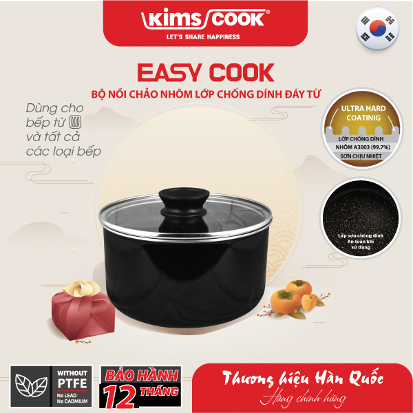 Bộ nồi chảo Easycook đáy từ, chống dính, tay cầm đa năng Kims Cook