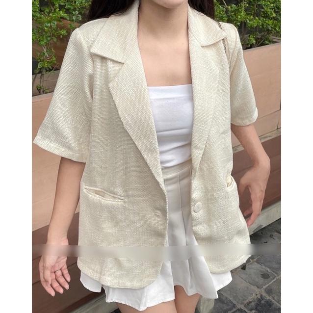 Áo blazer cộc tay dạ tweed - ảnh thật