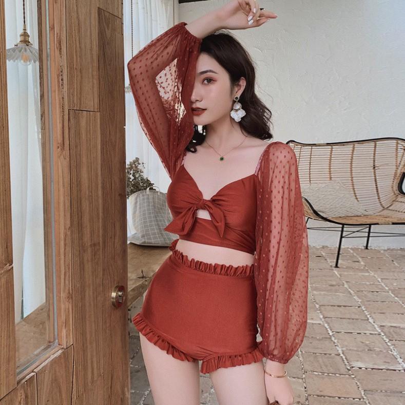 Freeship Bộ bikini đi biển cao cấp trễ vai tay ren