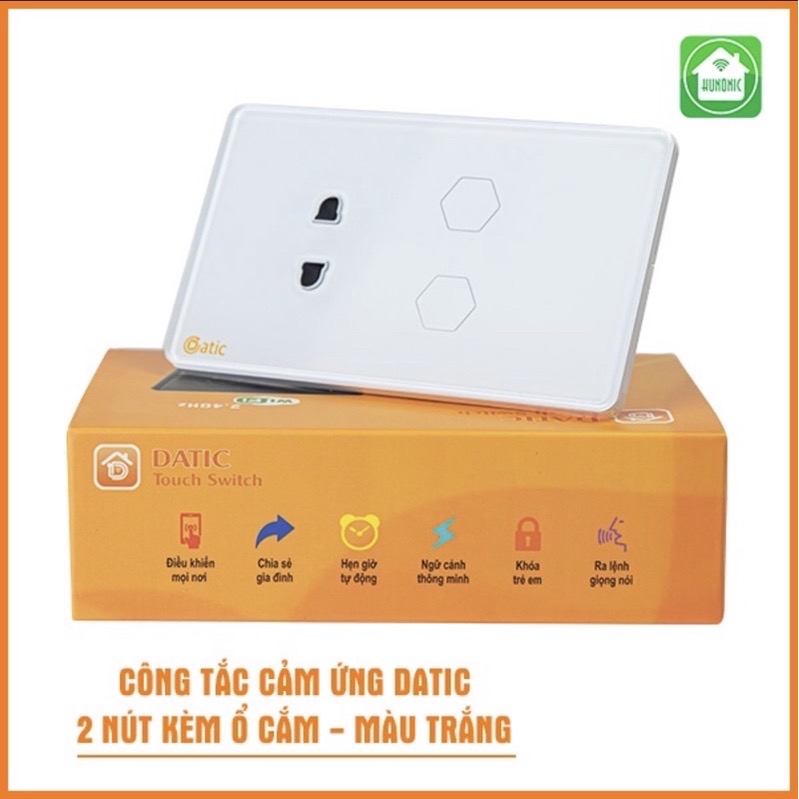 Công tắc thông minh HUNONIC DATIC 2 nút + ổ cắm màu trắng - Điều khiển từ xa bằng điện thoại-Hàng Chính Hãng