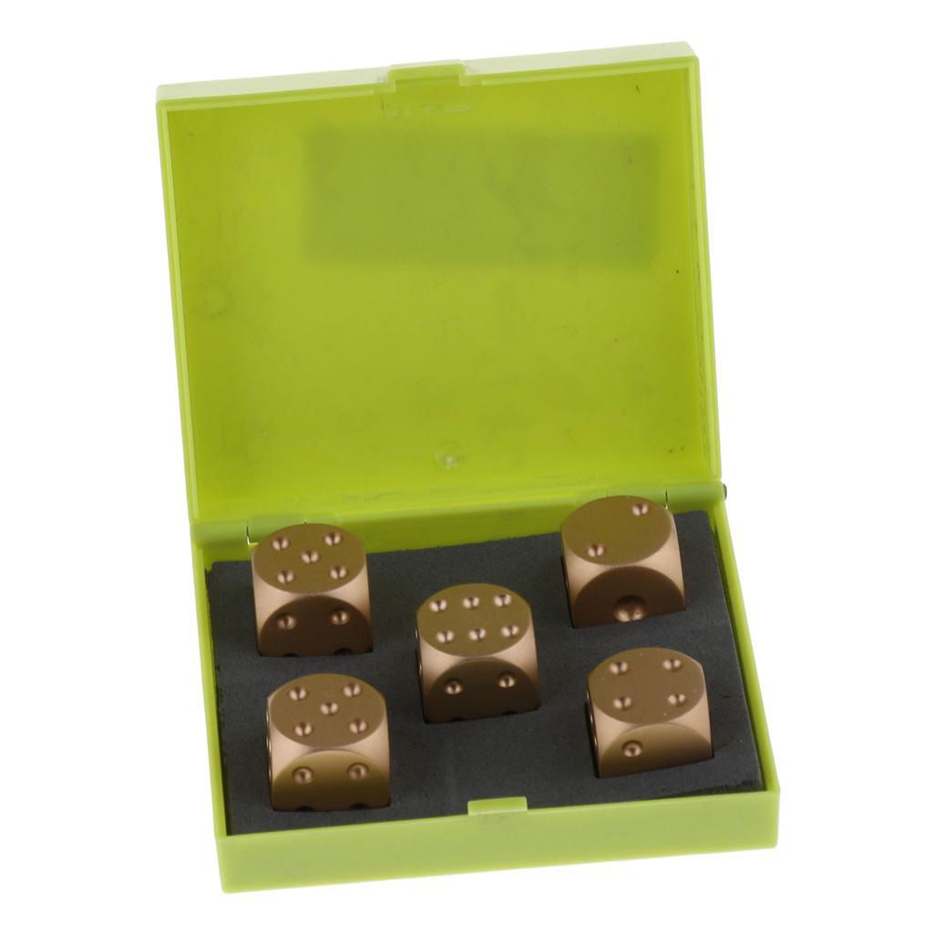 5pcs/set Gold Cube Dice Gift Role Play Games, fully aluminum alloy 6 sided spot dices with a storage box
