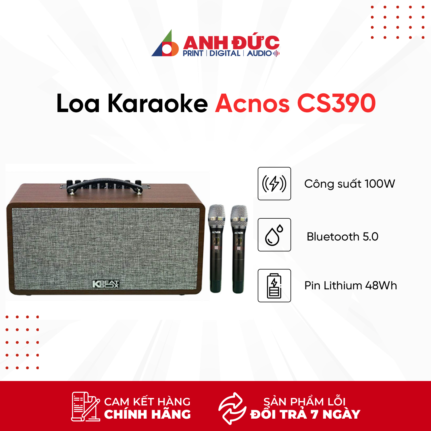 Loa Kéo Karaoke Acnos KS363H - Công Suất 100W - Kèm 2 Micro Không Dây - Hàng Chính Hãng